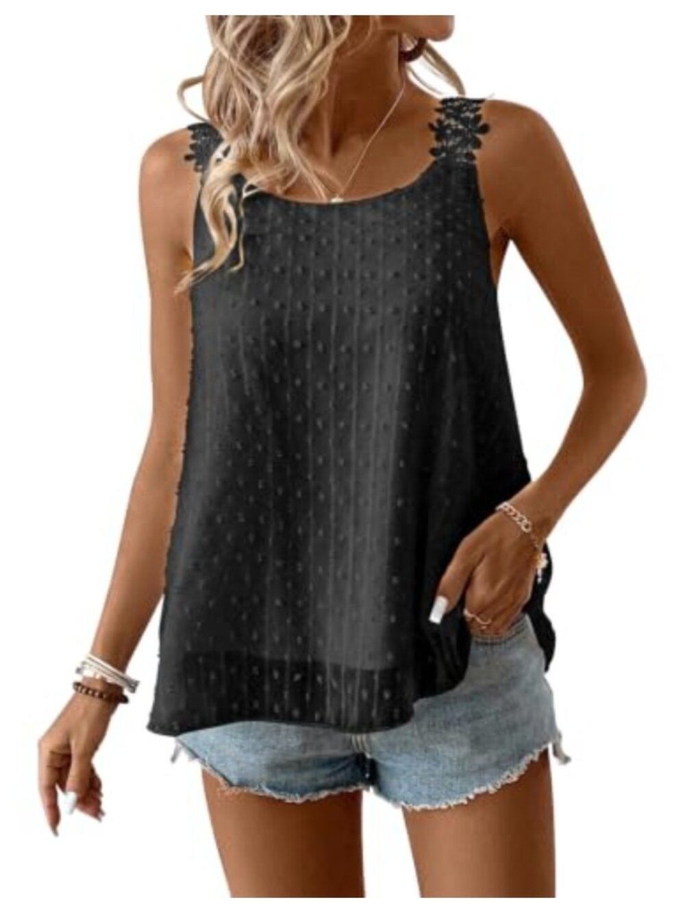 Sleeveless Swiss Dot Boho Lace Tank Top